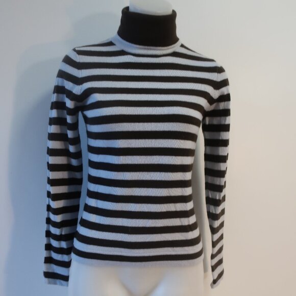 Womens Iris Singer Ice Blue Brown Striped Pure Cashmere Turtleneck Sweater S - Picture 2 of 12